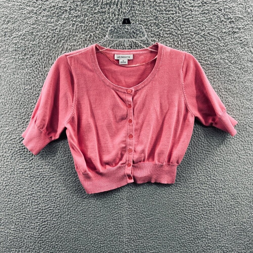 Liz Claiborne Womens Cropped Cardigan‎ Sweater 14 Pink Preppy Retro Cottagecore